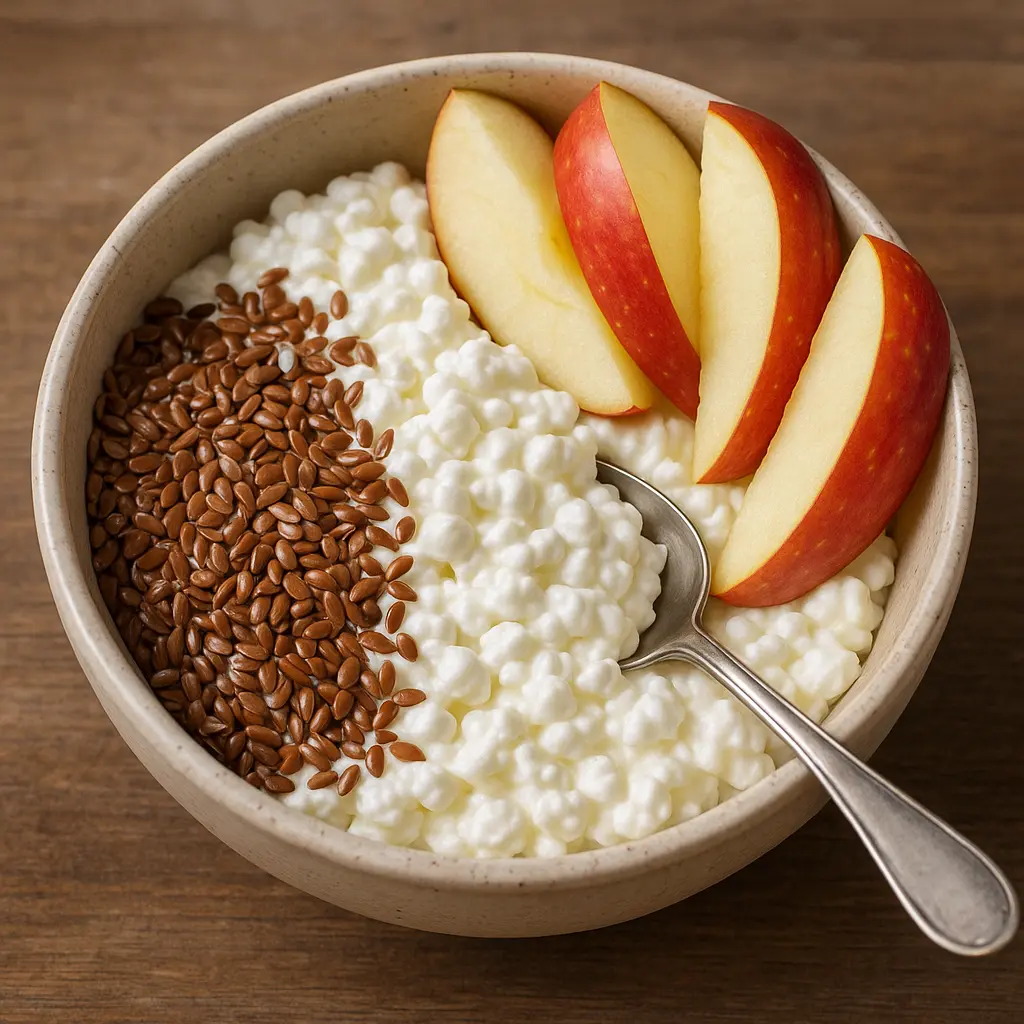 Cottage cheese bowl with flaxseeds and apple
